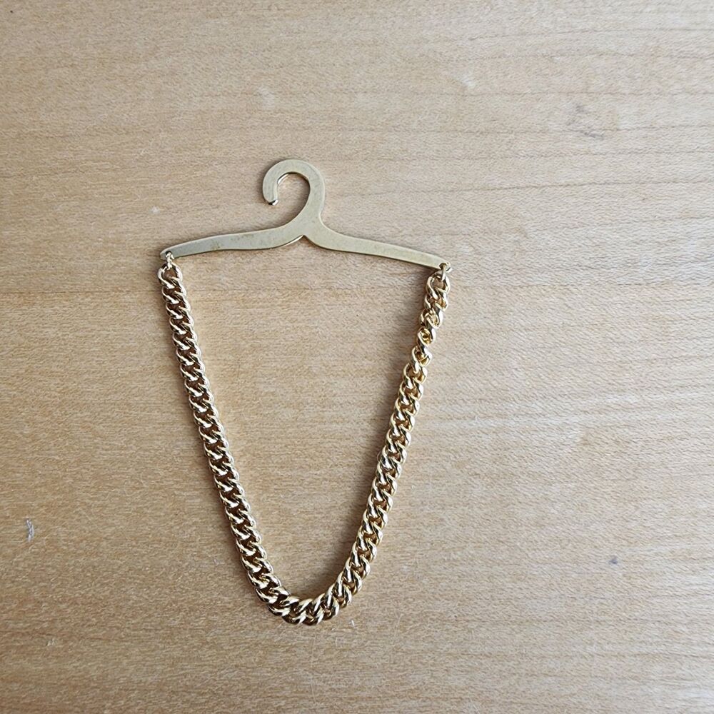 Vintage Gold Tone Tie Chain Tie Bar Clip Button Hanger Men's Necktie